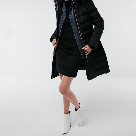 NEW EXPRESS Black Long Down Belted Smocked Puffer Jacket Coat XXS - Picture 6 of 10